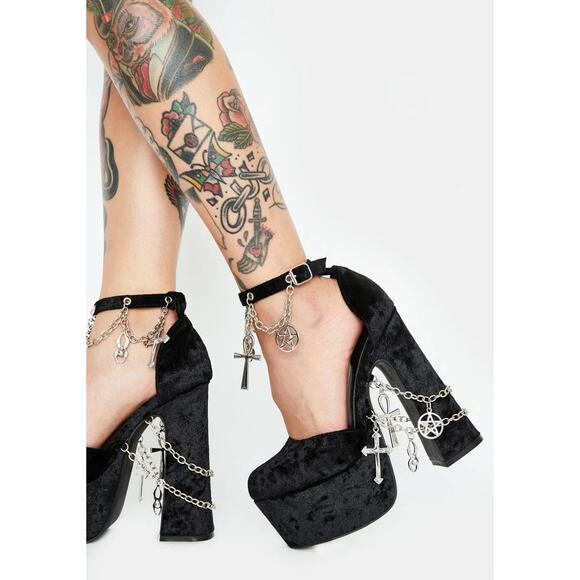 Dolls Kill x Craft Black Velvet Platform Heels Gothic Witchy Chains Charms - Picture 2 of 7